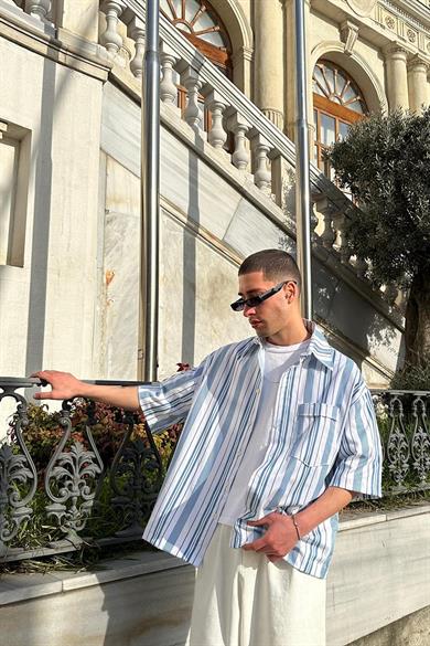Beyaz Geniş Şeritli Cep Detaylı PH Boxy Fit Oversize Gömlek