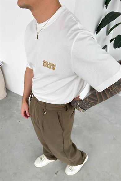 Beyaz Golden Nakış Oversize Tişört