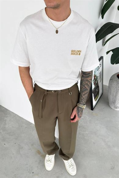 Beyaz Golden Nakış Oversize Tişört