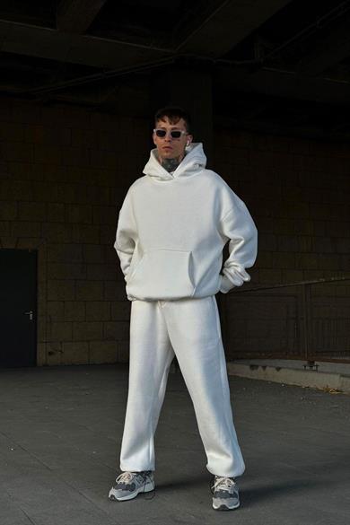 Beyaz HAFKA PREMİUM 3 İplik Şardonlu Oversize Sweatshirt
