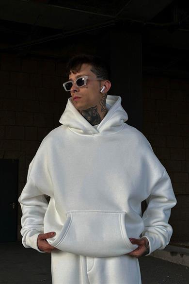 Beyaz HAFKA PREMİUM 3 İplik Şardonlu Oversize Sweatshirt
