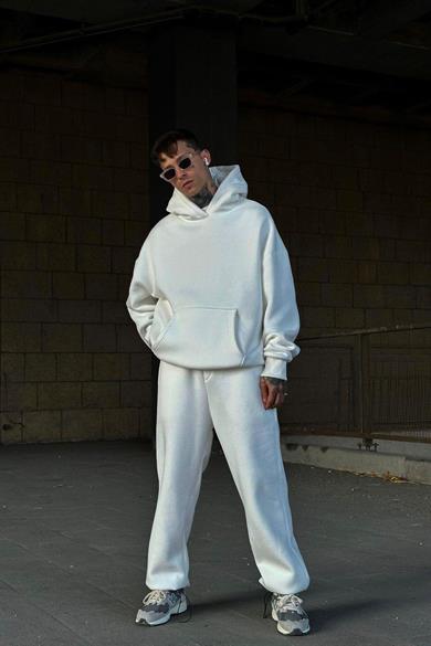 Beyaz HAFKA PREMİUM 3 İplik Şardonlu Oversize Sweatshirt