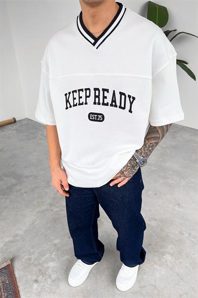 Beyaz Keep Ready V Yaka Detay Oversize Tişört