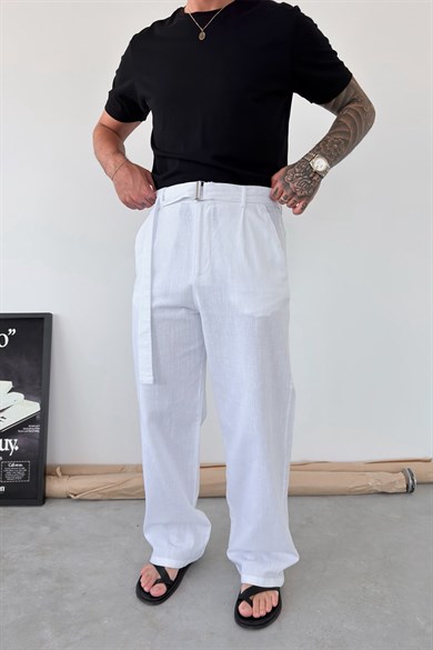 Beyaz Kemer Detaylı Baggy Keten Pantolon