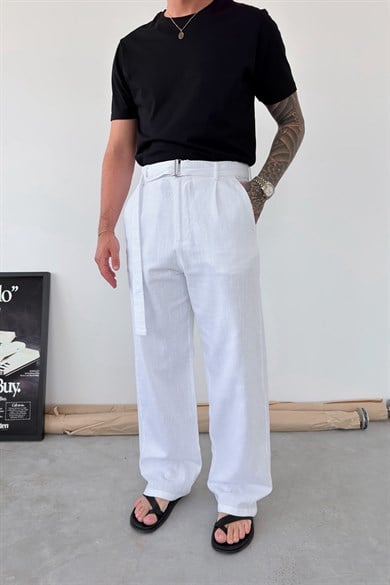 Beyaz Kemer Detaylı Baggy Keten Pantolon