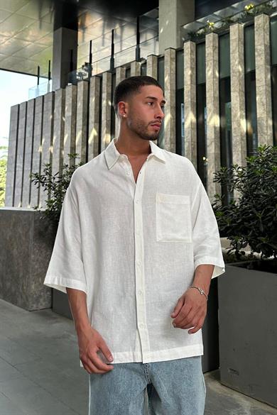 Beyaz Keten Ön Cep Detay L7 BS Oversize Gömlek