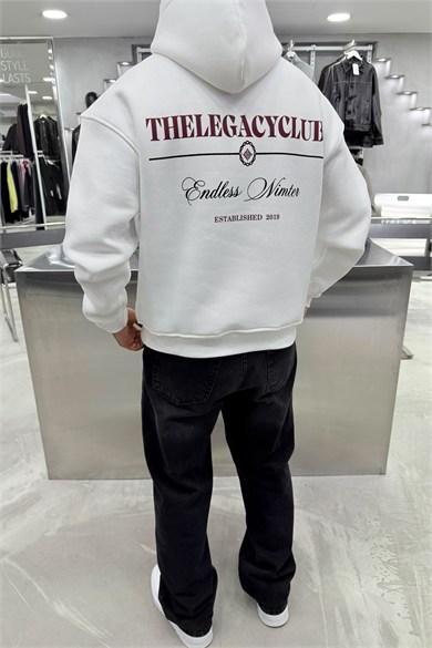 Beyaz Legacy Club Baskılı Oversize Sweatshirt