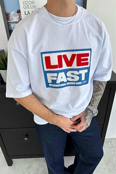Beyaz Live Baskılı Oversize Tişört