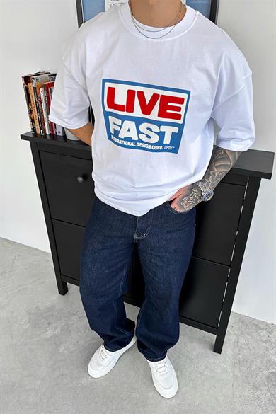 Beyaz Live Baskılı Oversize Tişört