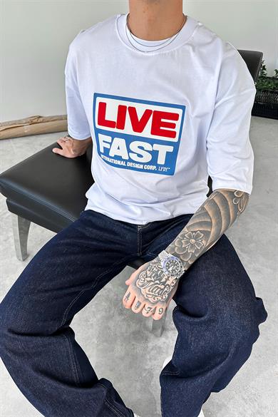 Beyaz Live Baskılı Oversize Tişört