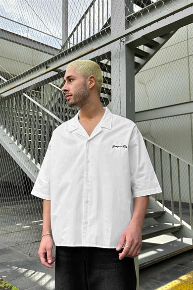 Beyaz Live Your Life Nakış Detay EE Oversize Gömlek