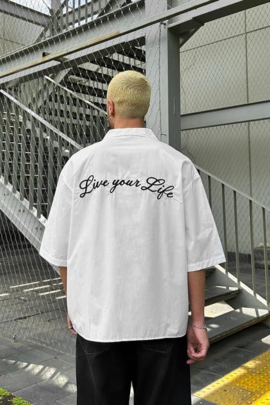 Beyaz Live Your Life Nakış Detay EE Oversize Gömlek