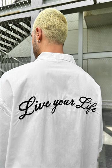 Beyaz Live Your Life Nakış Detay EE Oversize Gömlek