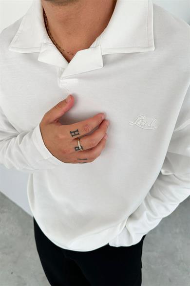 Beyaz Local Nakış Oversize Polo Yaka Sweatshirt