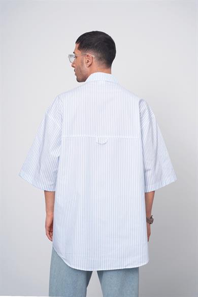 Beyaz Mavi Beyaz Mavi Şerit Detay M2 Yarım Kol CH Oversize Gömlek