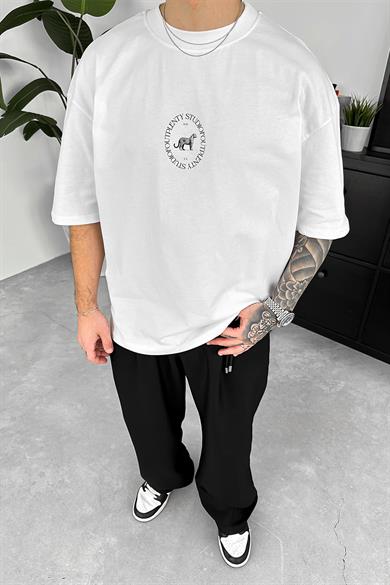 Beyaz Minimal Tiger Baskılı Oversize Tişört
