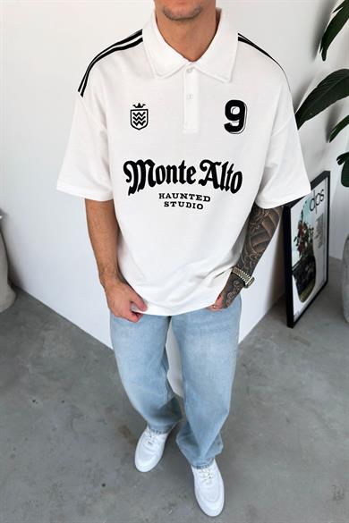 Beyaz Monte Baskılı Oversize Polo Yaka Tişört