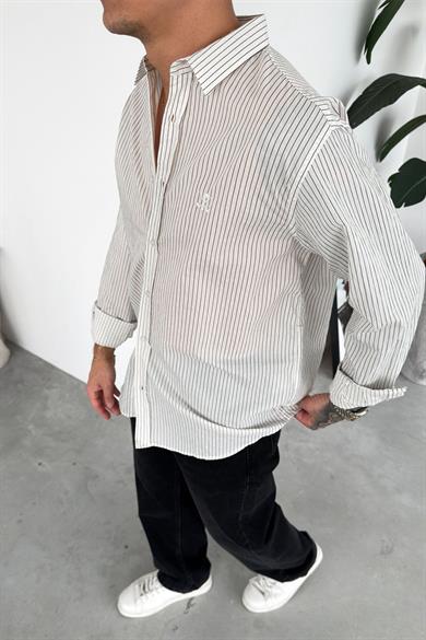 Beyaz Nakış Detaylı Çizgili Relaxed Gömlek