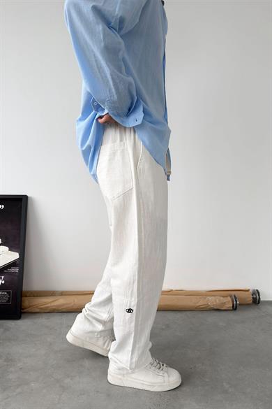 Beyaz Nakışlı Baggy Keten Pantolon