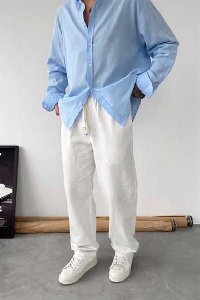 Beyaz Nakışlı Baggy Keten Pantolon