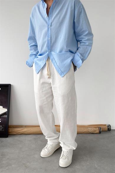 Beyaz Nakışlı Baggy Keten Pantolon