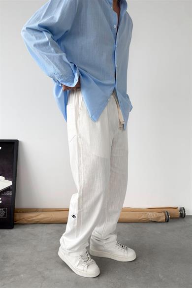 Beyaz Nakışlı Baggy Keten Pantolon