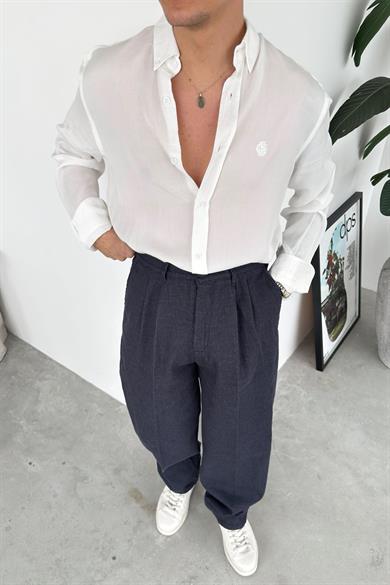 Beyaz Nakışlı Oversize Modal Gömlek