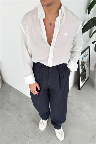 Beyaz Nakışlı Oversize Modal Gömlek