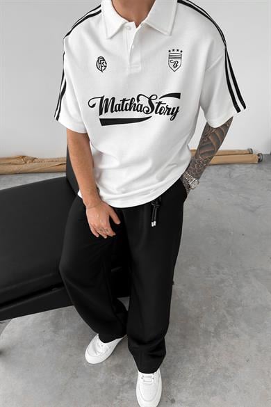 Beyaz Old Money MatchaStory Baskılı Oversize Polo Yaka Tişört