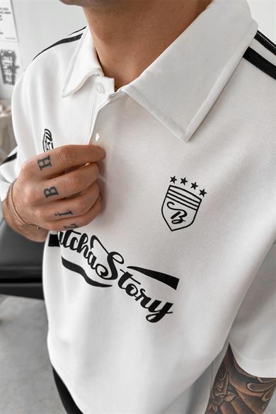 Beyaz Old Money MatchaStory Baskılı Oversize Polo Yaka Tişört