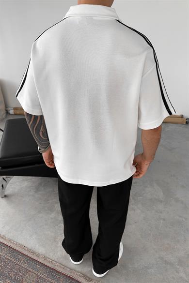 Beyaz Old Money MatchaStory Baskılı Oversize Polo Yaka Tişört