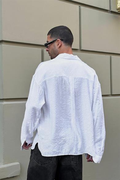 Beyaz Ön Cep Detay A9 GO Oversize Keten Gömlek