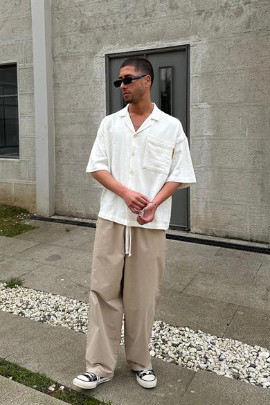 Beyaz Ön Cepli 050 MH Oversize Keten Gömlek