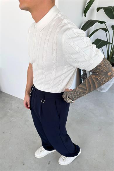 Beyaz Örgü Desen Relaxed Triko Polo Yaka Tişört