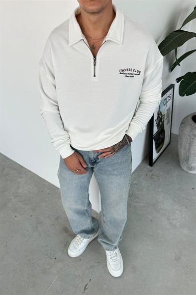 Beyaz OW Nakış Yarım Fermuarlı Sweatshirt
