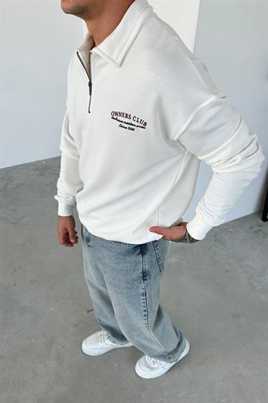 Beyaz OW Nakış Yarım Fermuarlı Sweatshirt