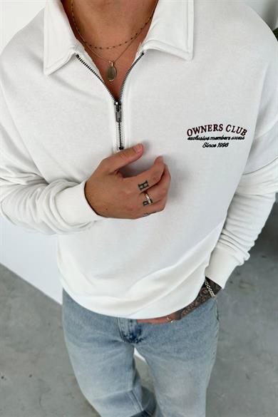 Beyaz OW Nakış Yarım Fermuarlı Sweatshirt