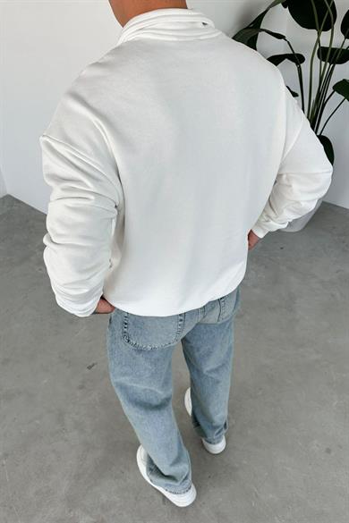 Beyaz OW Nakış Yarım Fermuarlı Sweatshirt