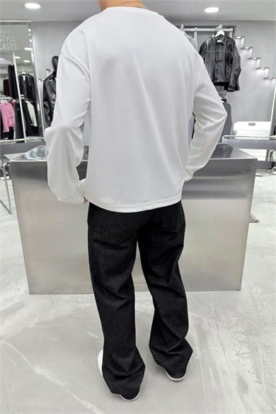 Beyaz Oysh Kumaş Uzun Kollu Oversize Tişört