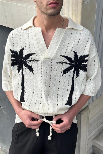 Beyaz Palmiye Örme Triko GO Polo Yaka Oversize Tişört