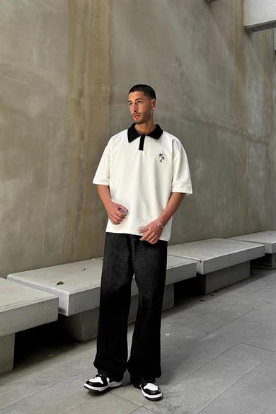 Beyaz Palmiye Polo Yaka OUTPLENTY PREMİUM Oversize Tişört