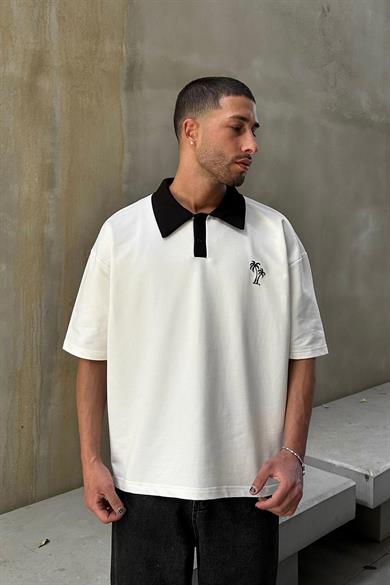 Beyaz Palmiye Polo Yaka OUTPLENTY PREMİUM Oversize Tişört