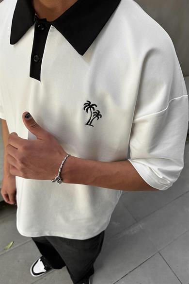 Beyaz Palmiye Polo Yaka OUTPLENTY PREMİUM Oversize Tişört