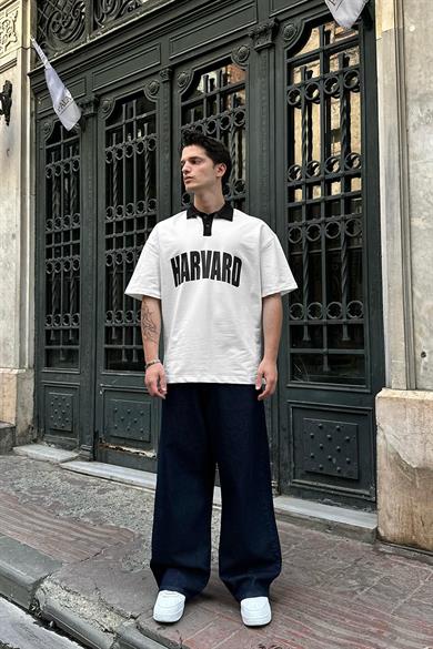 Beyaz Polo Yaka Harvard DL Oversize Tişört