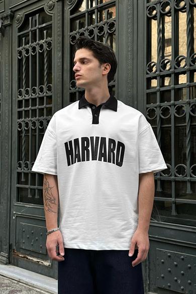 Beyaz Polo Yaka Harvard DL Oversize Tişört