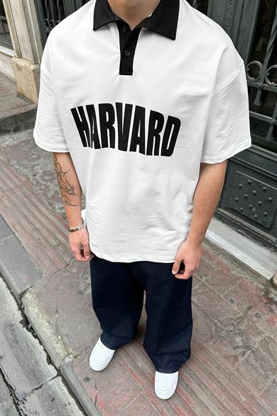 Beyaz Polo Yaka Harvard DL Oversize Tişört