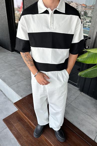 Beyaz Polo Yaka Siyah Çizgili EE Oversize Tişört