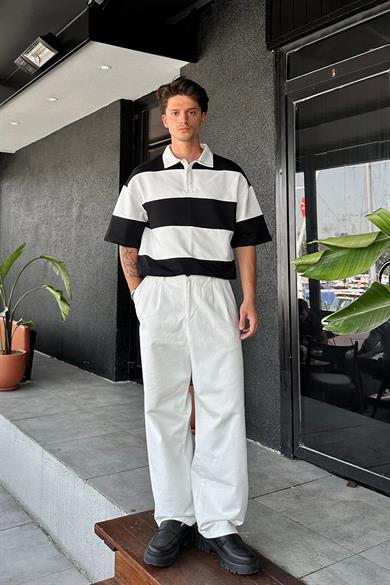 Beyaz Polo Yaka Siyah Çizgili EE Oversize Tişört