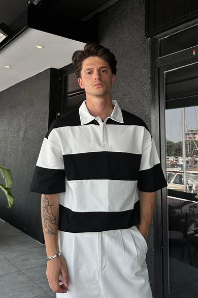 Beyaz Polo Yaka Siyah Çizgili EE Oversize Tişört