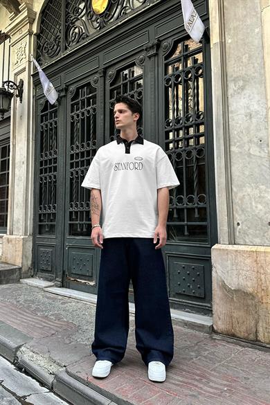 Beyaz Polo Yaka Stanford DL Oversize Tişört